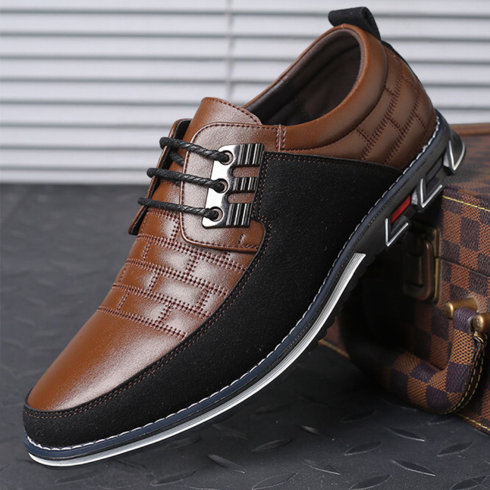Men's brown leather suede lace-up dress shoes with non-slip sole, polished professional style