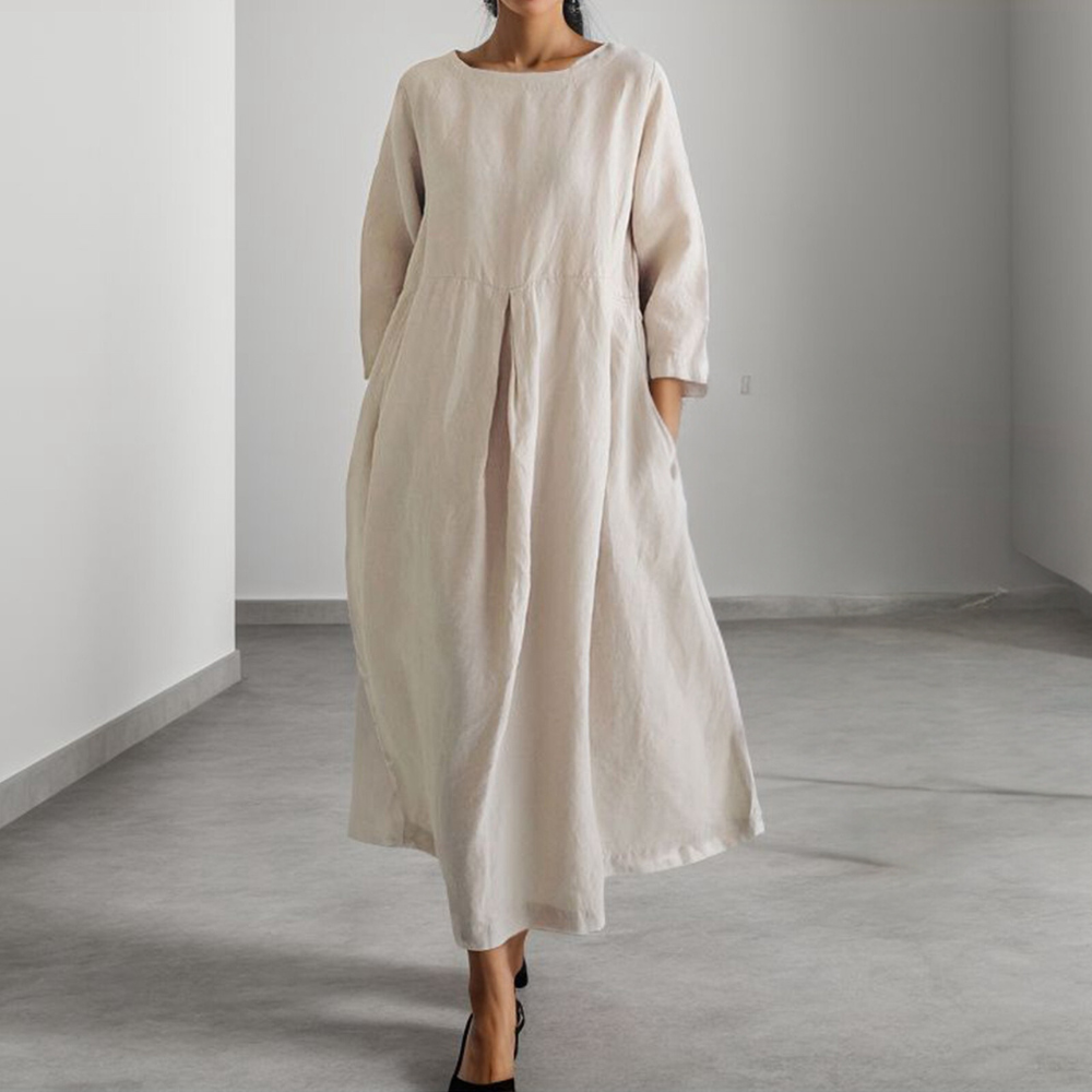 Women's loose fit lightweight long sleeve dress with pockets, breathable cotton-blend everyday style