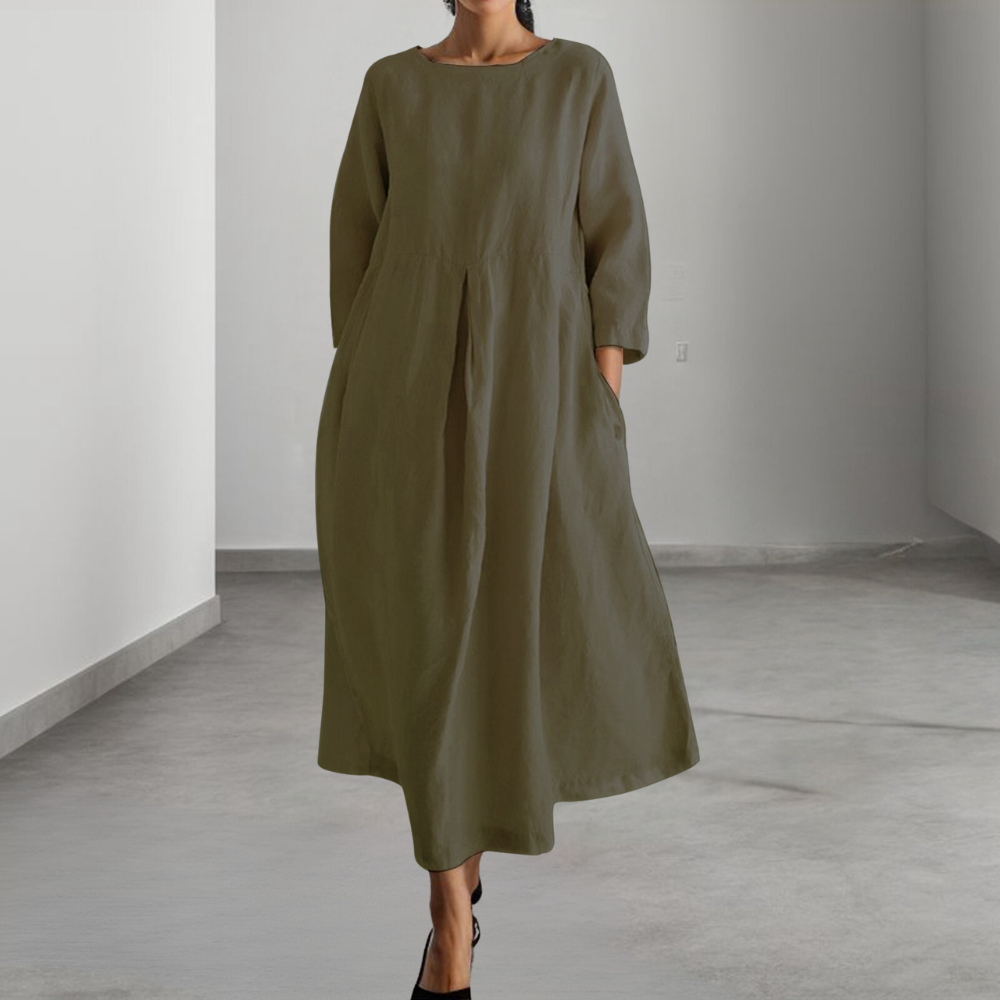 Women's loose fit lightweight long sleeve dress with pockets, breathable cotton-blend everyday style