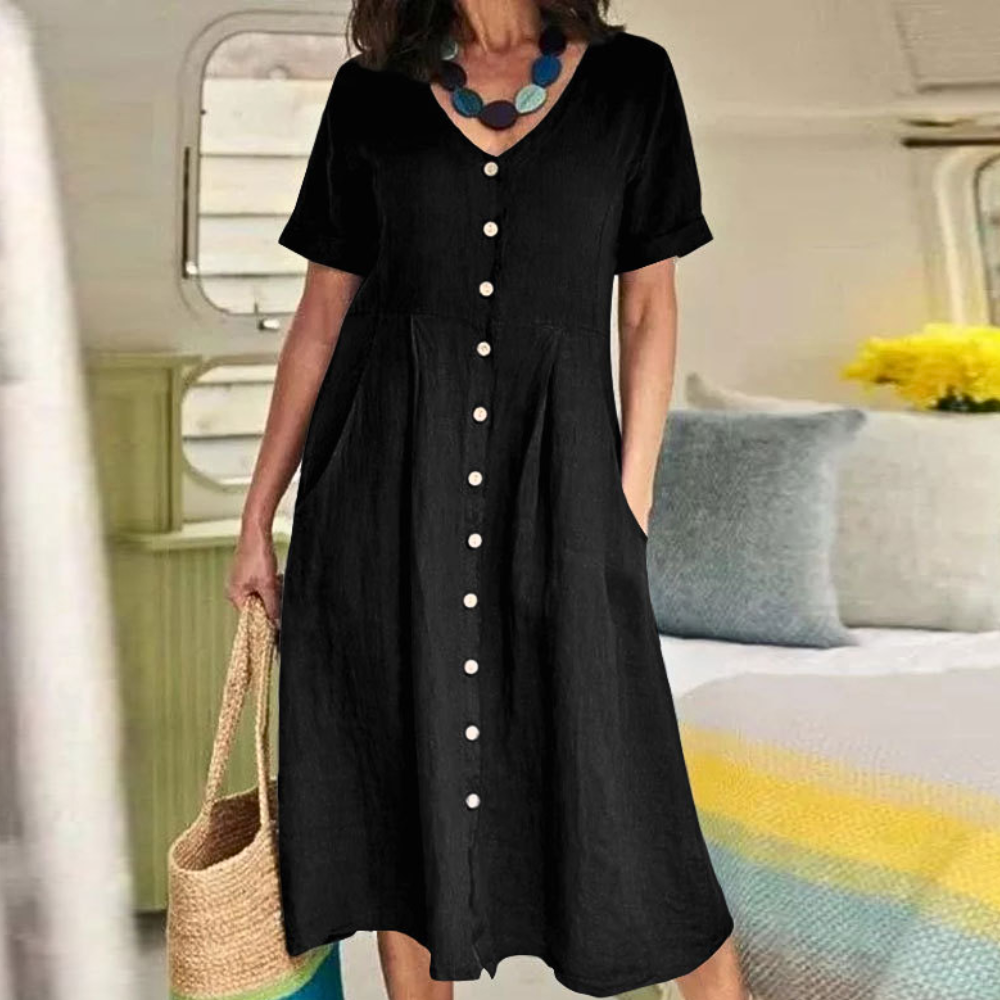 Breathable A-line midi dress with V-neck, button front, pockets, in a versatile everyday style
