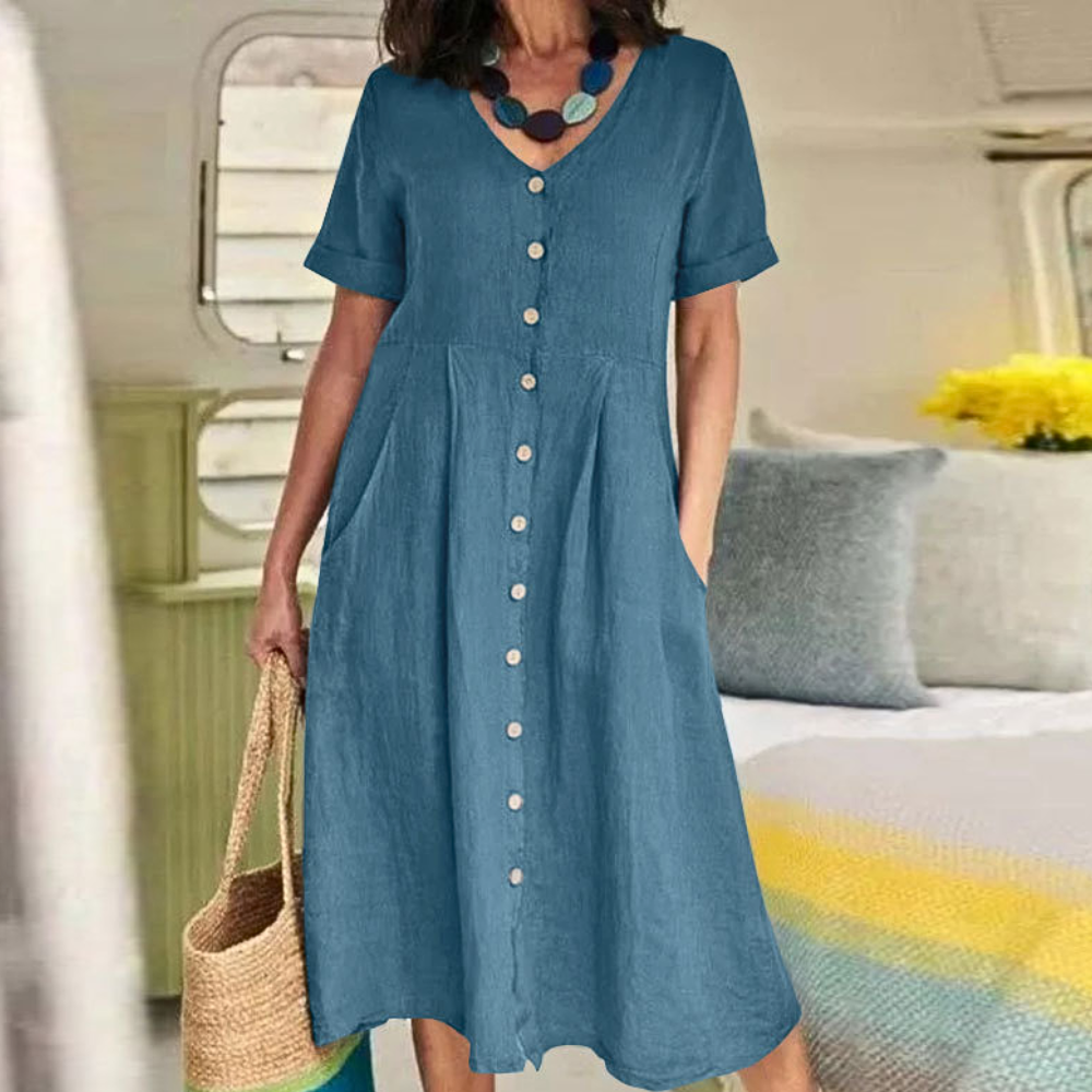 Breathable A-line midi dress with V-neck, button-front closure, side pockets, everyday elegant style