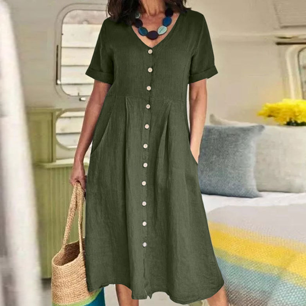 Breathable A-line midi dress with V-neck, button front, side pockets, classic everyday style