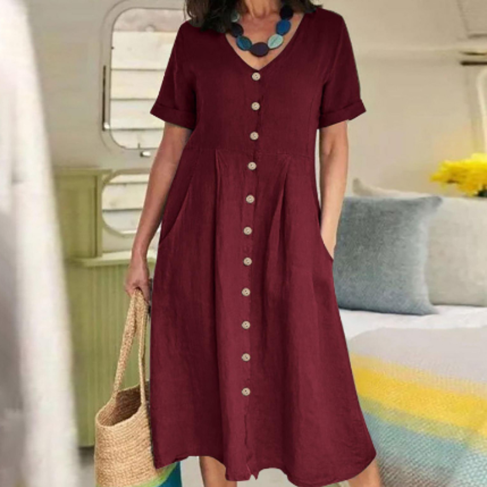 Breathable A-line midi dress with V-neck, button front, pockets, in versatile everyday style