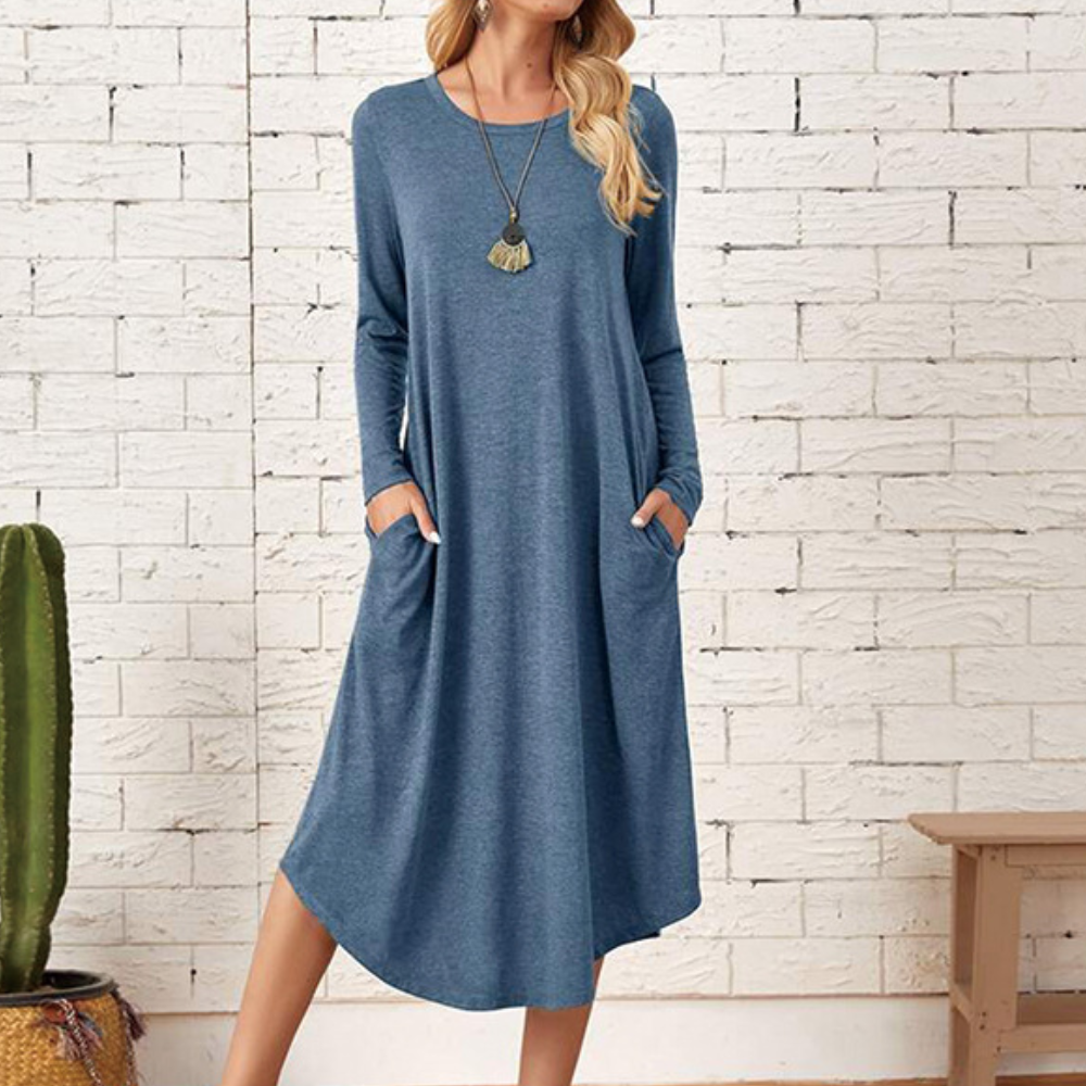 Women's loose fit midi dress long sleeves round neck cotton-viscose blend effortless everyday style