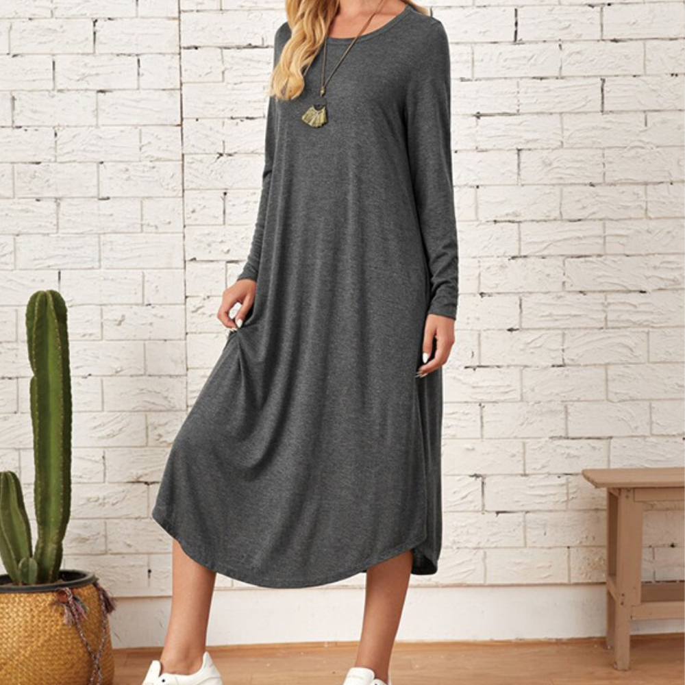 Women's loose-fit midi dress long sleeves round neck cotton-viscose blend effortless everyday style