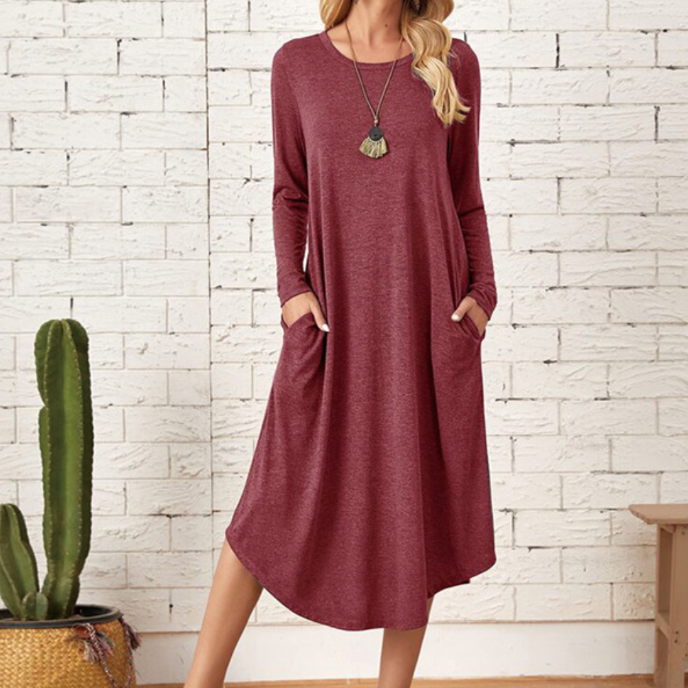 Women's loose fit midi dress long sleeves round neck cotton-viscose blend effortless everyday style