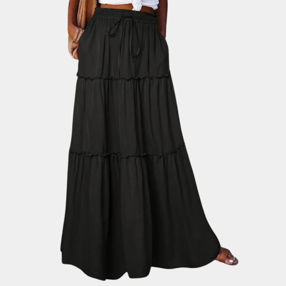 Women's lightweight boho maxi skirt tiered design elastic waist drawstring relaxed bohemian style