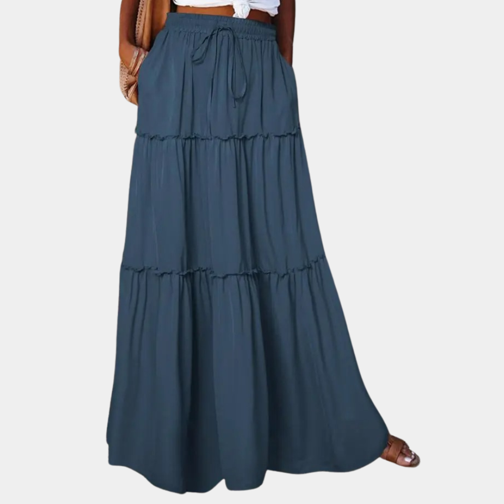Women's bohemian maxi skirt lightweight tiered boho style elastic waist drawstring flowy long silhouette
