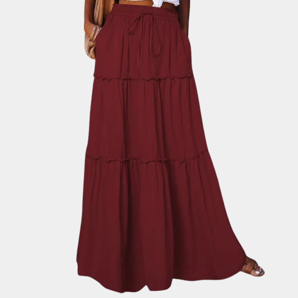 Women's bohemian maxi skirt lightweight tiered boho style elastic waist drawstring flowy long silhouette