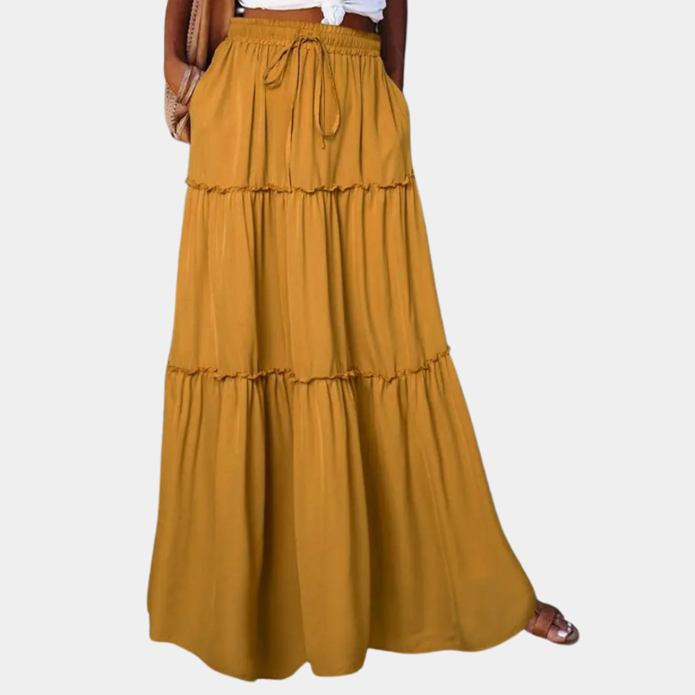 Women's boho maxi skirt lightweight tiered long silhouette elastic waist drawstring warm-weather style