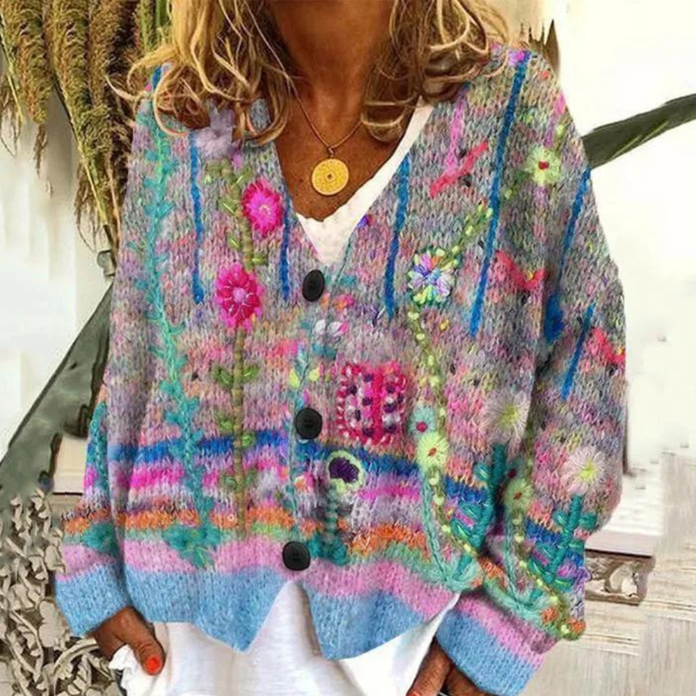 Women's oversized floral knit cardigan bohemian style soft relaxed silhouette for layering