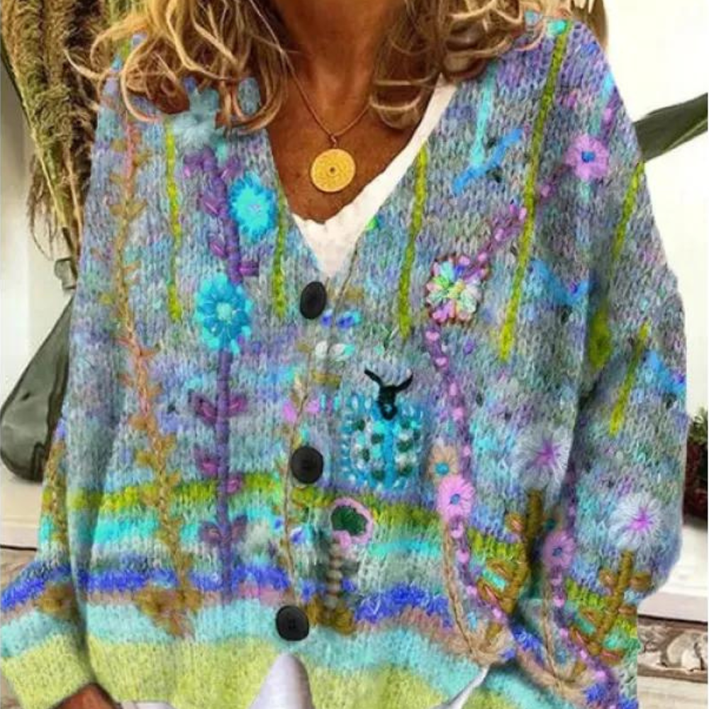 Women's oversized floral knit cardigan bohemian style soft relaxed silhouette vibrant pattern