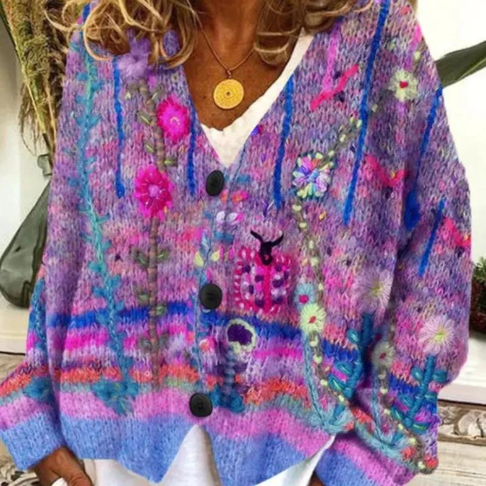 Women's oversized floral knit cardigan bohemian relaxed silhouette with vibrant floral pattern