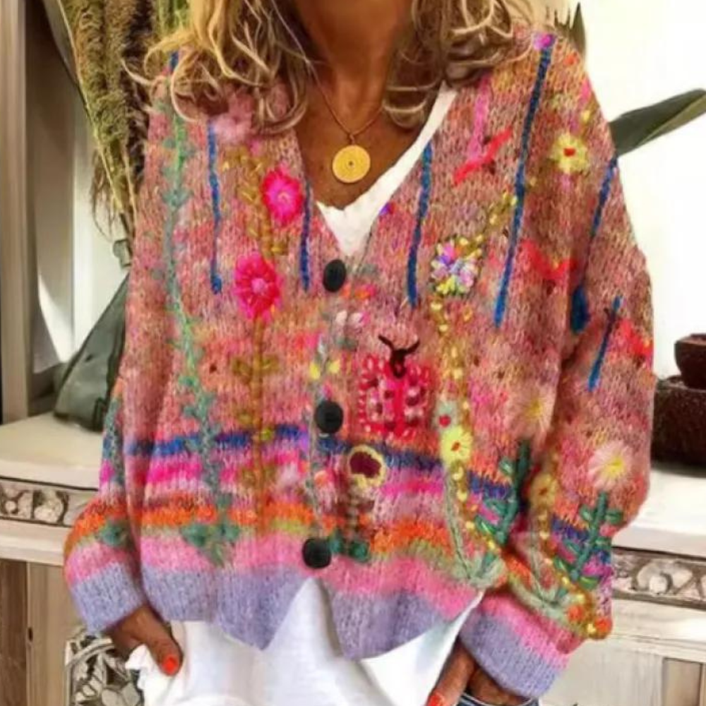 Women's oversized floral knit cardigan bohemian soft relaxed silhouette vibrant pattern layering