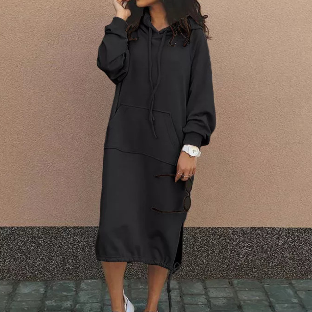 Women's cotton hoodie dress relaxed fit knee-length with built-in pocket, casual everyday style