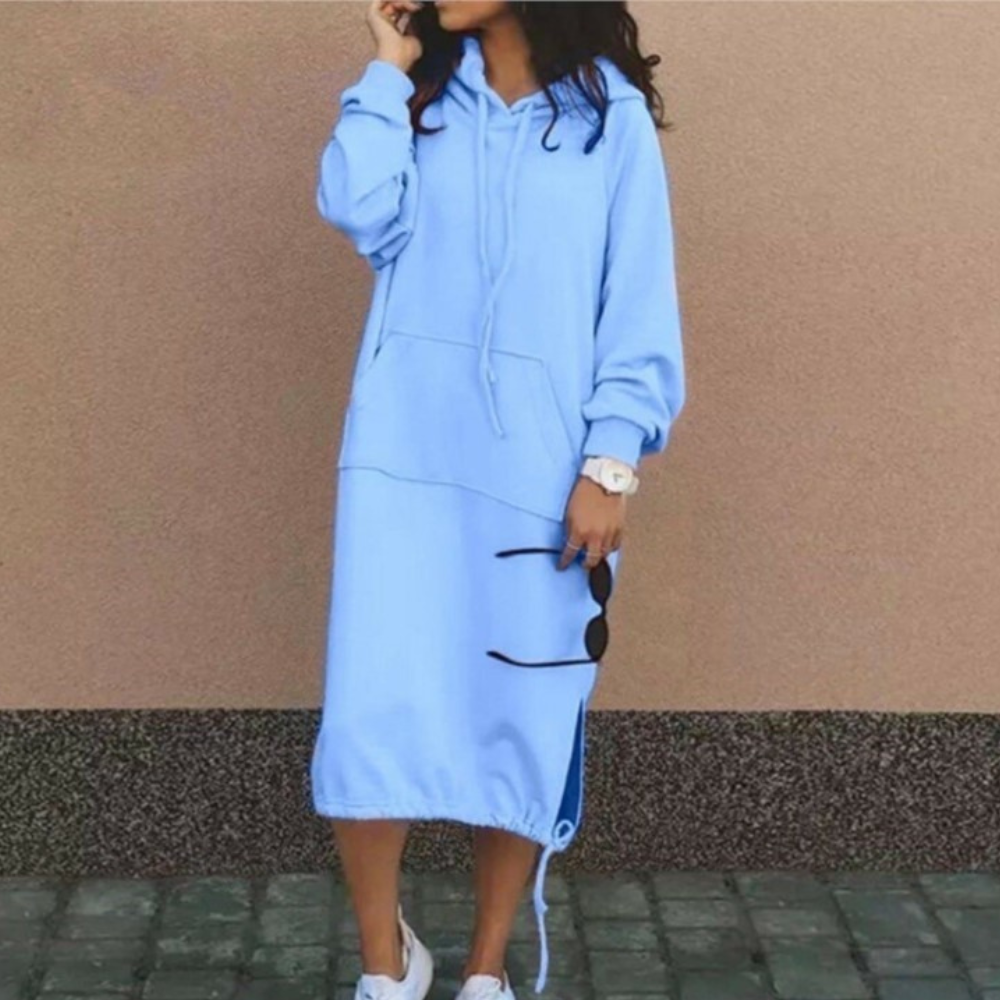 Women's cotton hoodie dress relaxed fit knee-length with pocket, casual everyday style