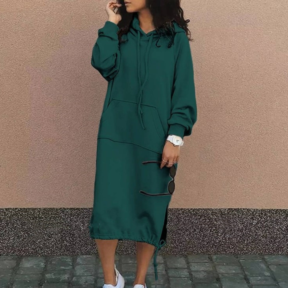 Women's cotton hoodie dress relaxed fit knee-length with built-in pocket, casual everyday style