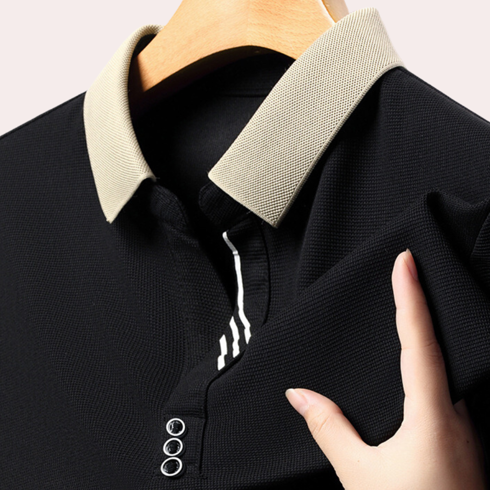 Men's slim fit long sleeve knit polo shirt with contrast collar, versatile style for casual to semi-formal