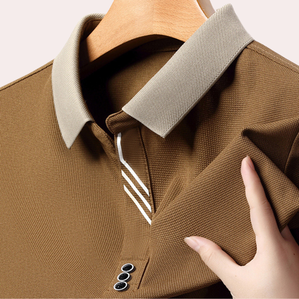 Men's slim fit long sleeve knit polo shirt with contrast collar, versatile casual to semi-formal style