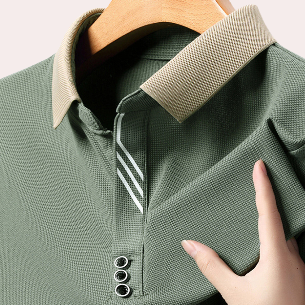 Men's slim fit long sleeve knit polo shirt with contrast collar, versatile casual to semi-formal style
