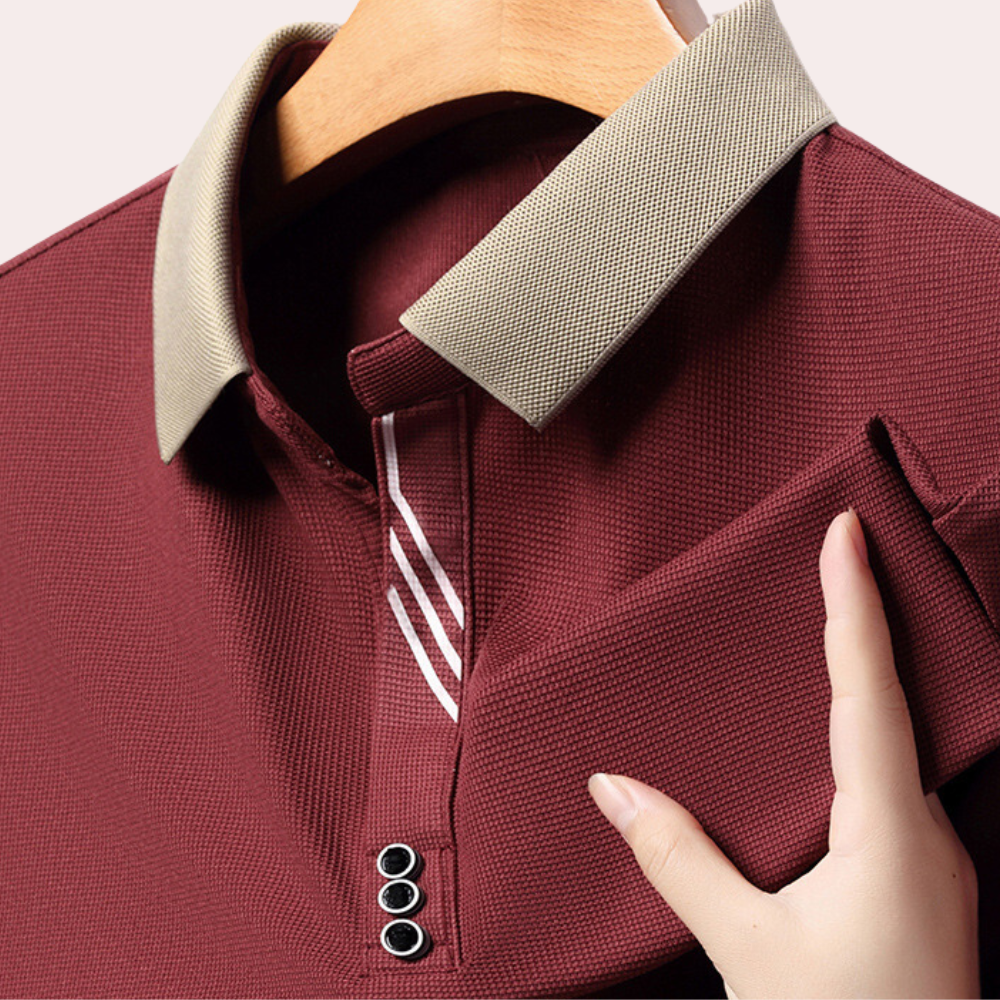 Men's slim fit long sleeve knit polo shirt with contrast collar, versatile casual to semi-formal style