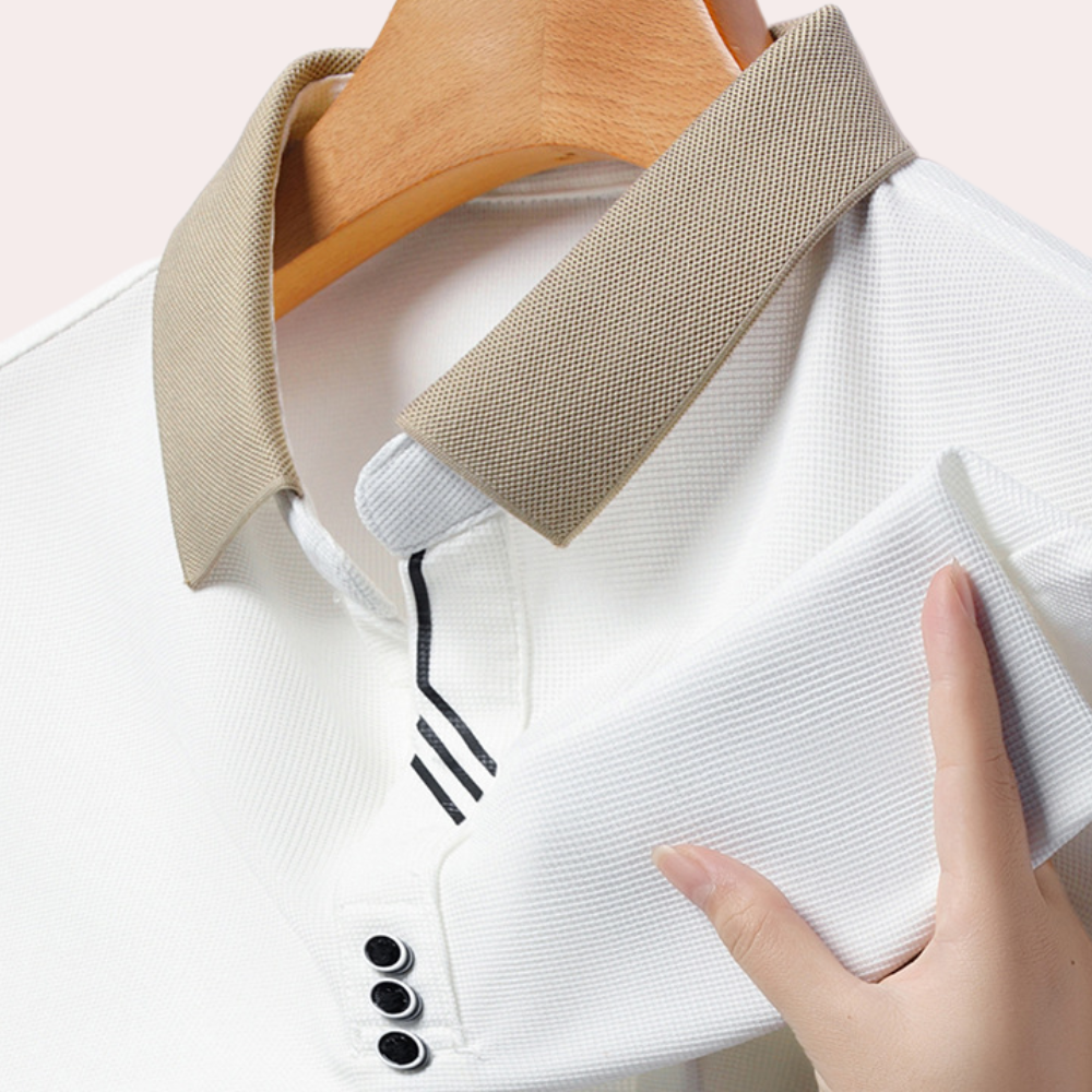 Men's slim fit long sleeve knit polo shirt with contrast collar, versatile style for casual to semi-formal