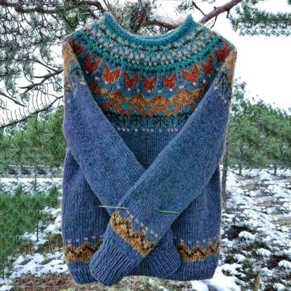 Women's Nordic knit sweater round neck patterned cozy soft pullover with vintage-inspired textured design