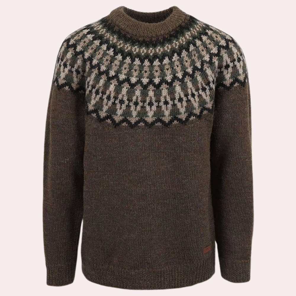 Women's Nordic knit sweater round neck patterned cozy soft vintage-inspired textured pullover