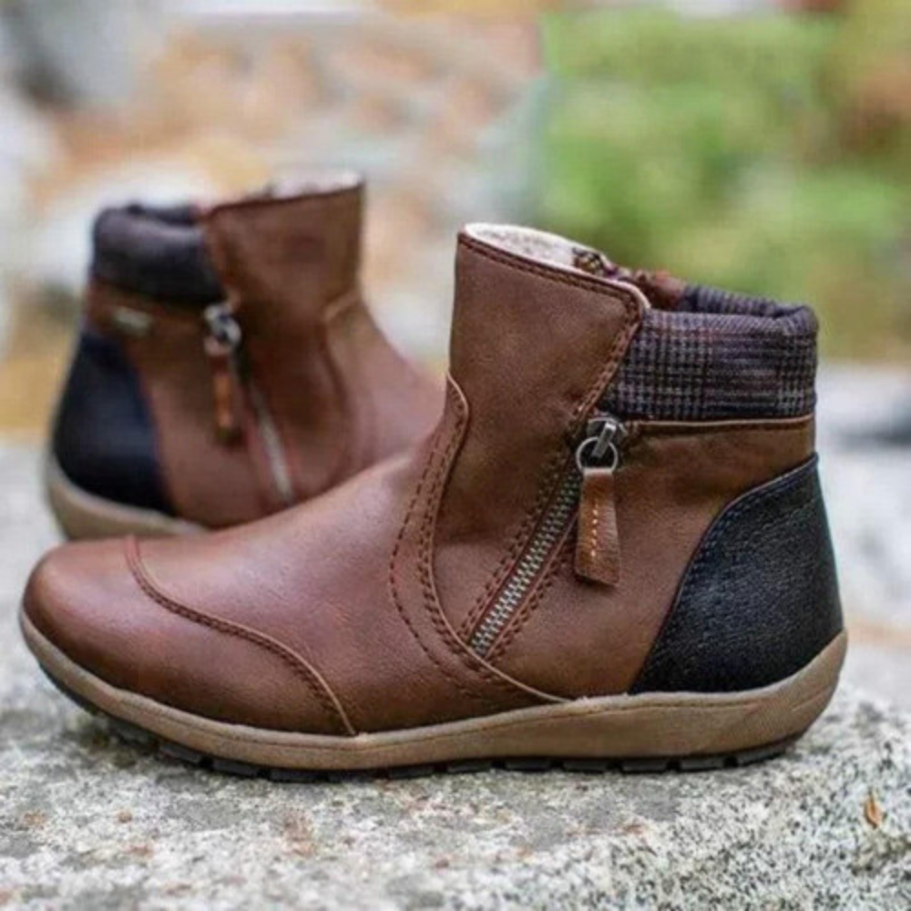 Women's genuine leather ankle boots with side zipper, round toe, cushioned comfort rubber sole