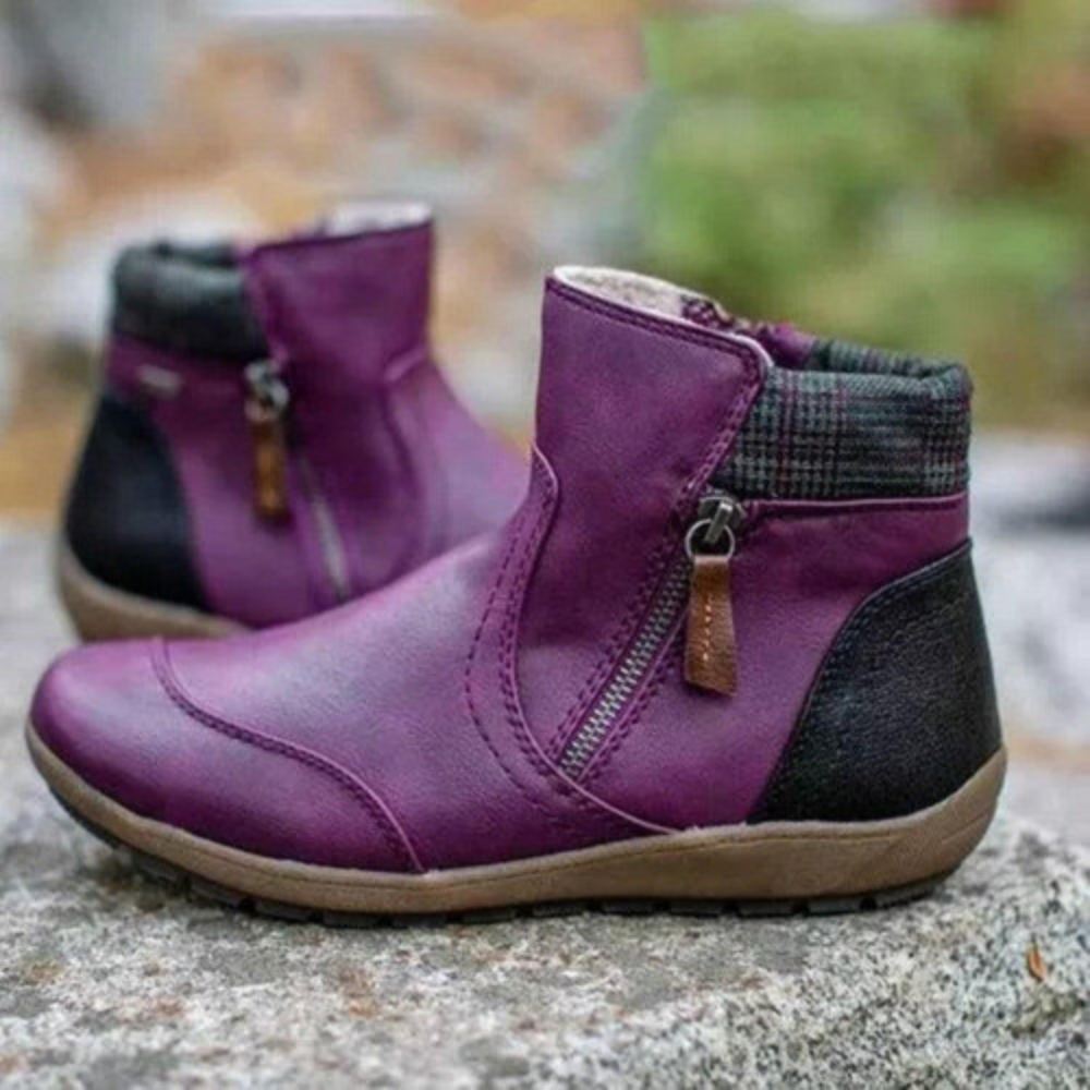 Women's genuine leather ankle boots with side zipper, round toe, cushioned comfort rubber sole