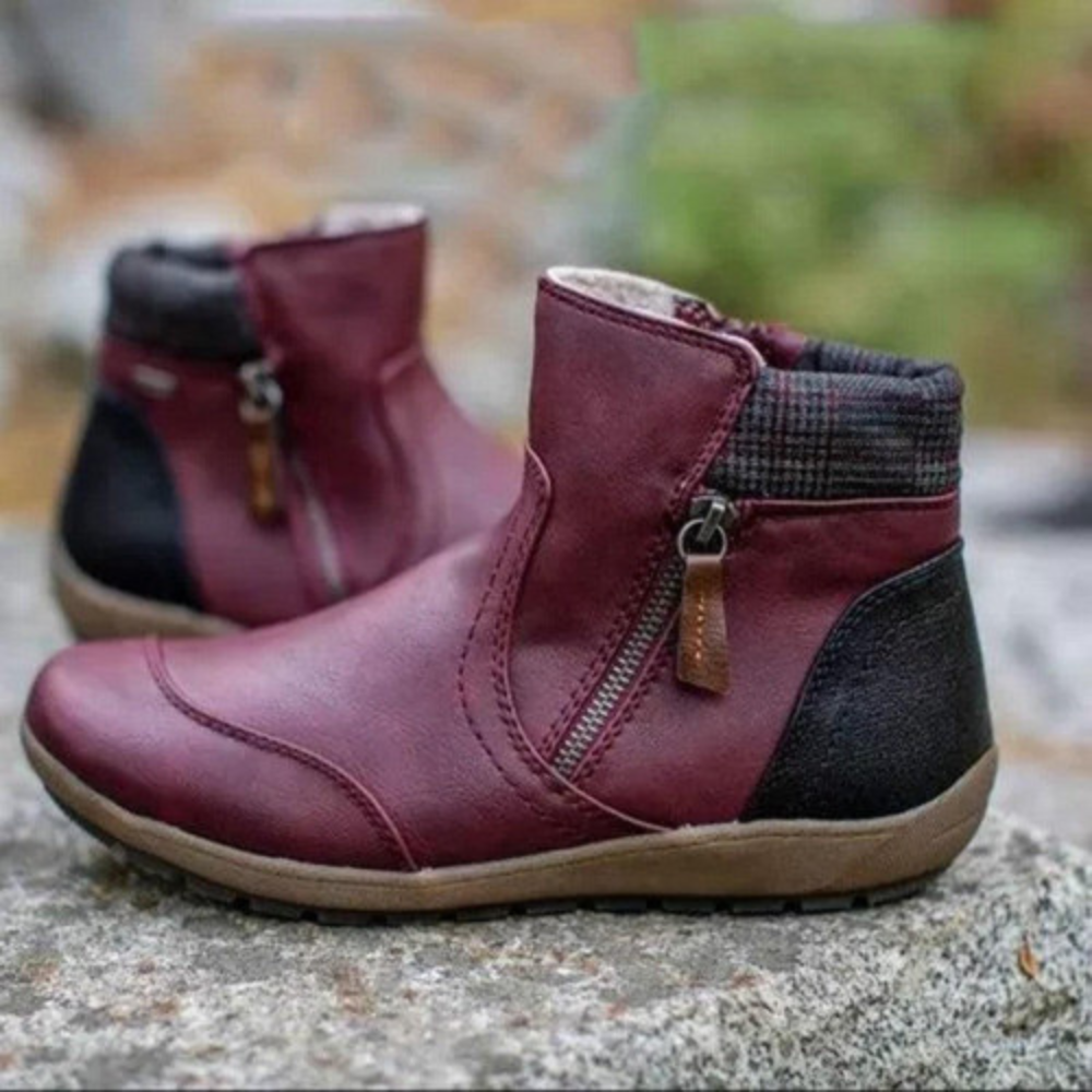 Women's genuine leather ankle boots with side zipper, round toe, rubber sole, cushioned comfort fit