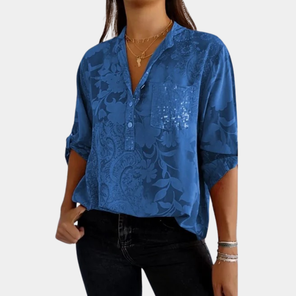 Women's light breathable loose-fit blouse V-neck button front long sleeves subtle floral print casual