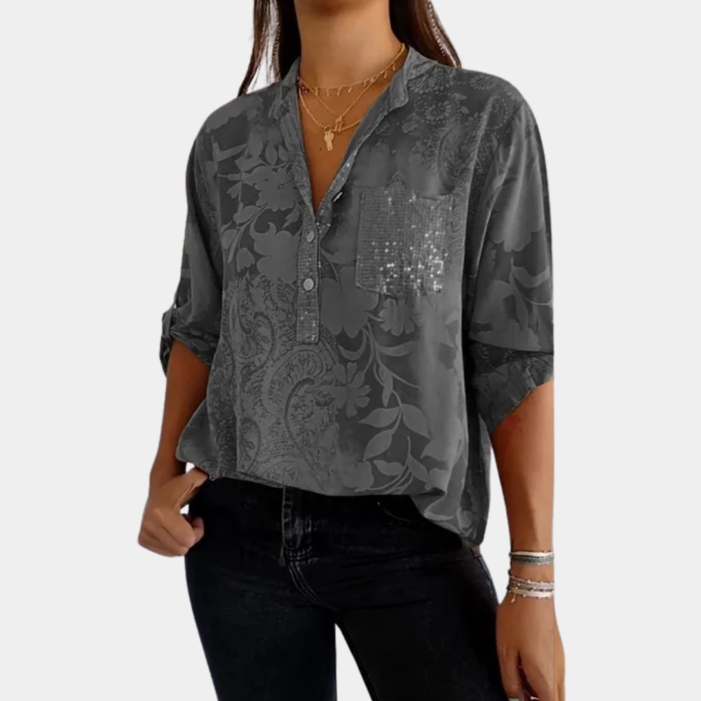 Women's loose fit V-neck floral print blouse with sequin chest pocket and button closure