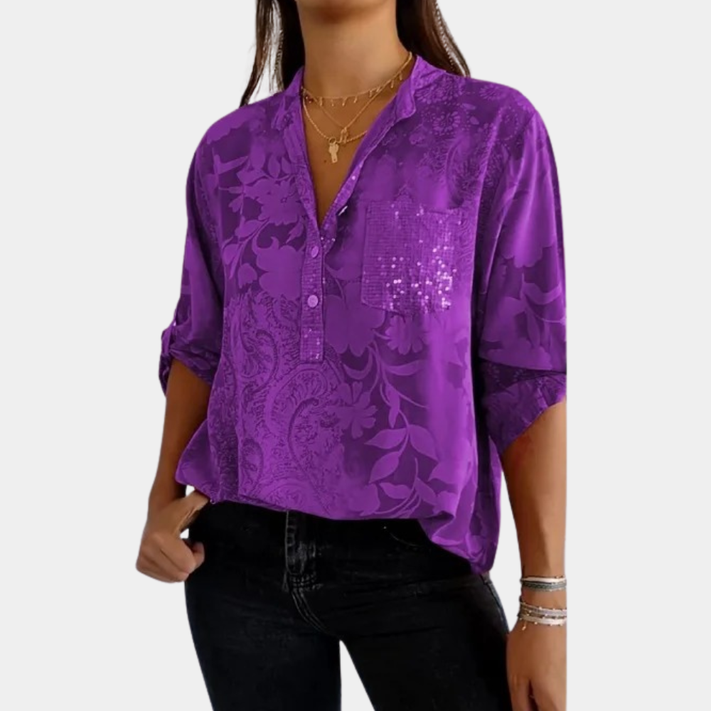 Women's loose fit V-neck floral print blouse with sequin chest pocket, lightweight spring style