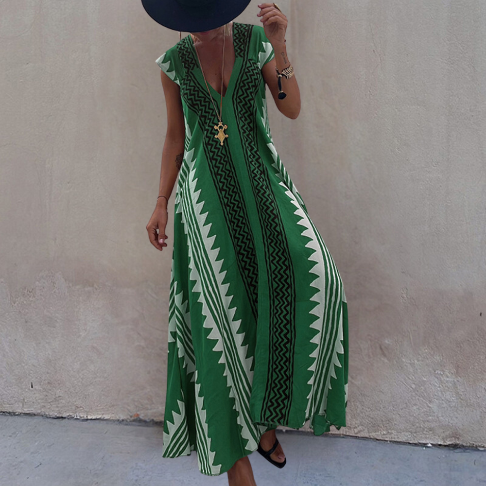 Women's sleeveless V-neck maxi dress, loose breezy fit with bold geometric print for summer