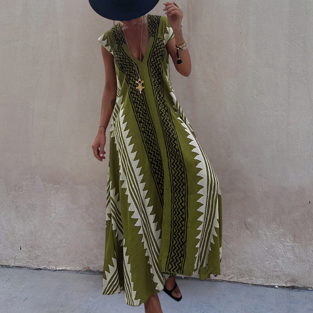 Women's sleeveless V-neck maxi dress, loose breezy fit with bold geometric print for summer