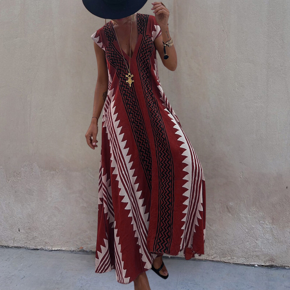 Women's sleeveless V-neck maxi dress, loose fit geometric print, lightweight breezy summer style