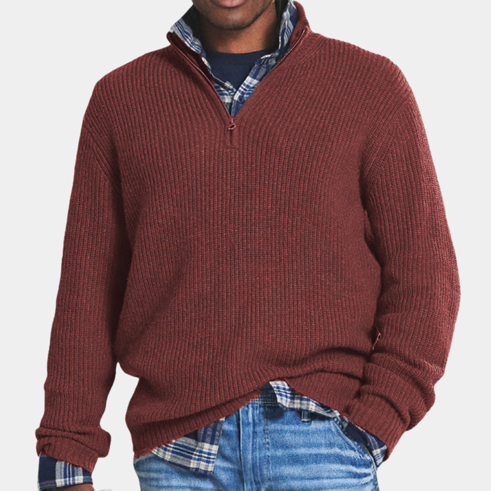 Men's navy blue half zip ribbed knit sweater with stand collar relaxed fit for casual style