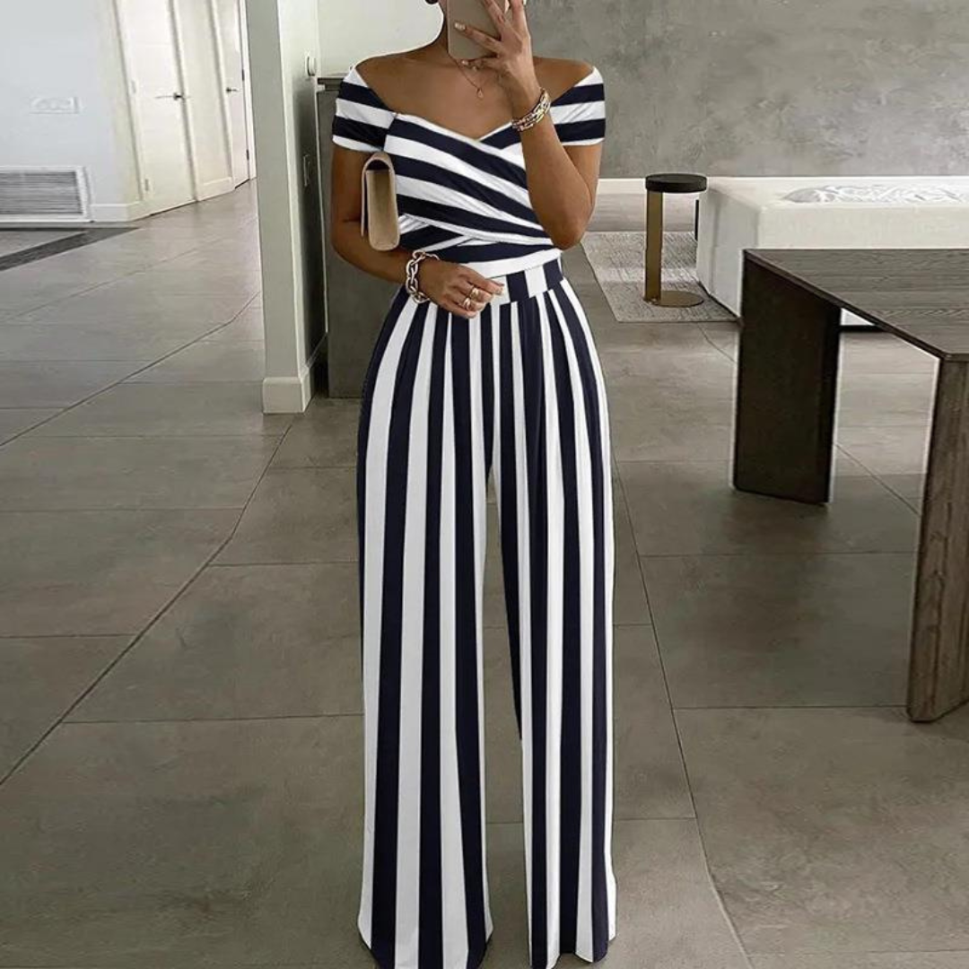 Vera | Women's Floral Wide Leg Jumpsuit Off Shoulder Wrap Bodice