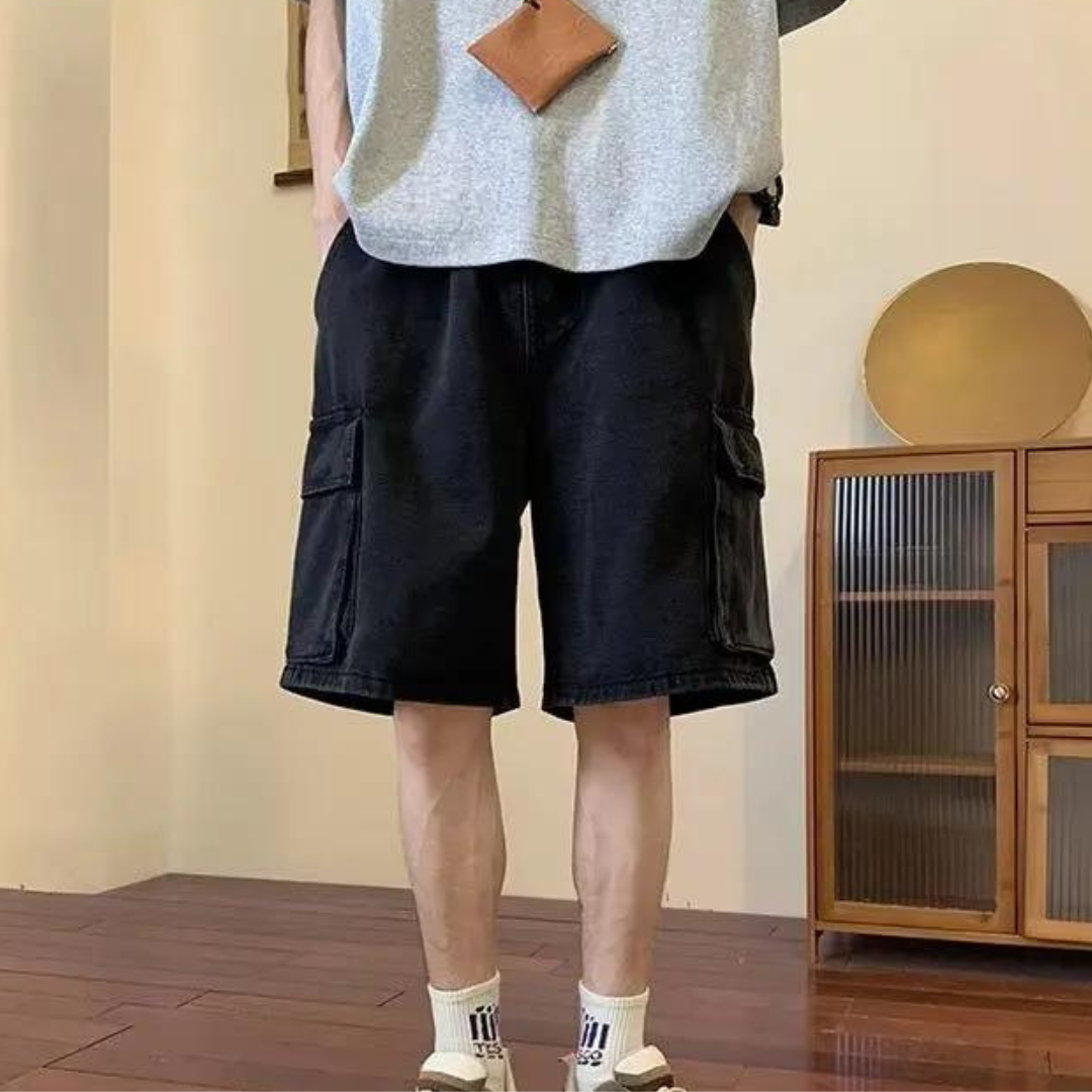 Men's regular fit blue denim shorts hip-hop style with 25cm inseam 100% cotton summer casual