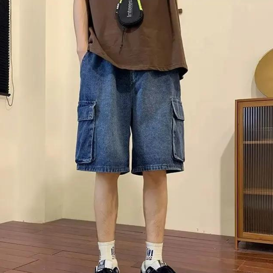 Men's blue regular fit denim shorts with hip-hop style and 25cm inseam for summer outdoors