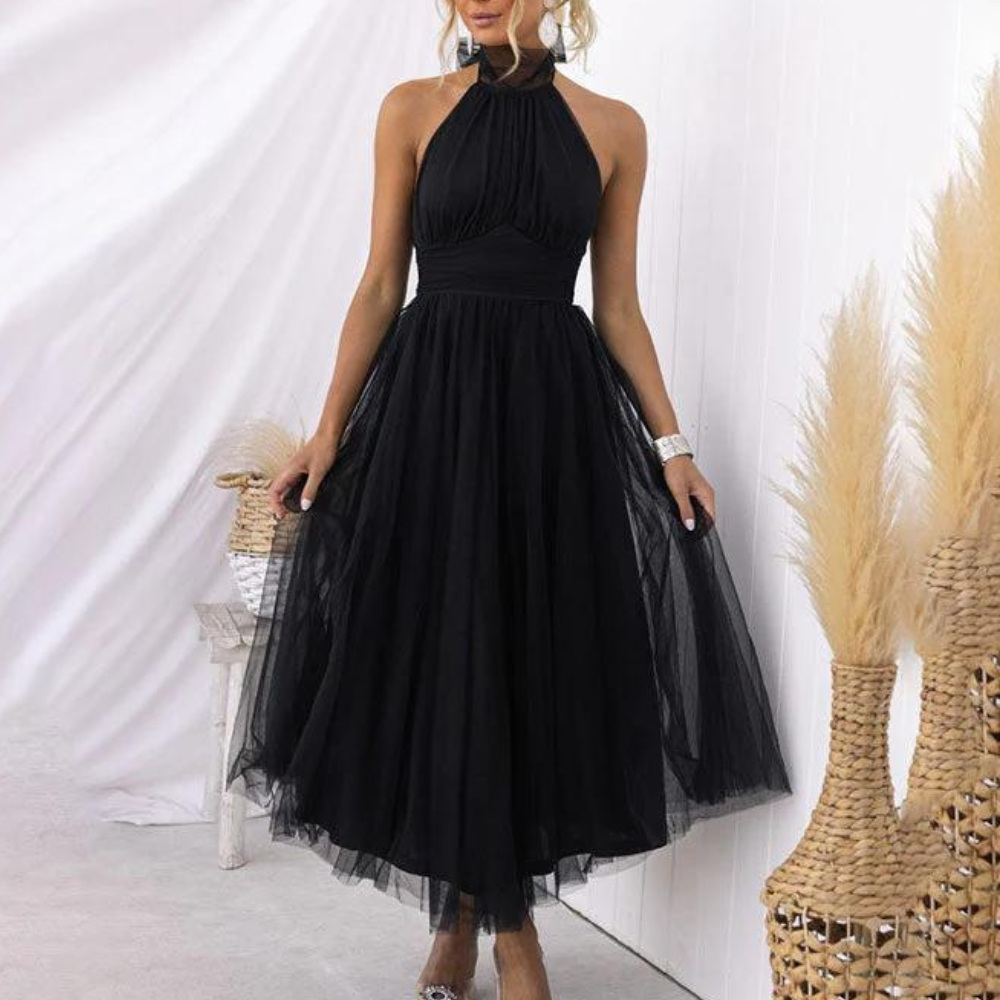 Women's elegant halterneck midi dress light flowy chiffon fabric perfect for parties and special events