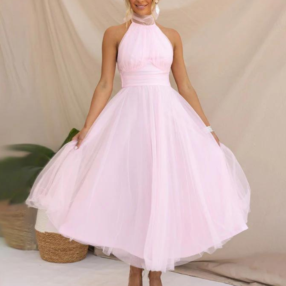 Women's elegant halterneck midi dress light flowy chiffon fabric perfect for parties and special events