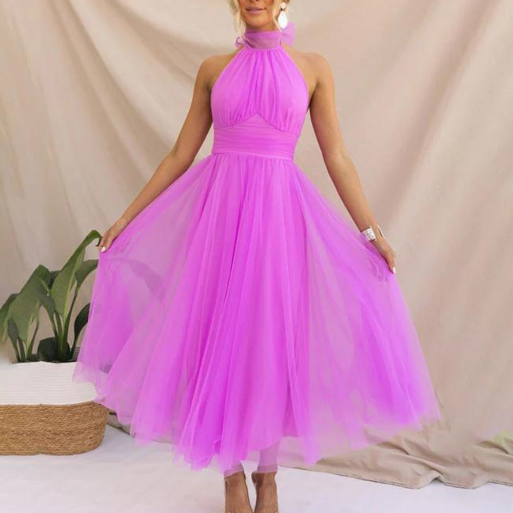 Women's elegant halterneck midi dress light chiffon flowy silhouette for parties and special events