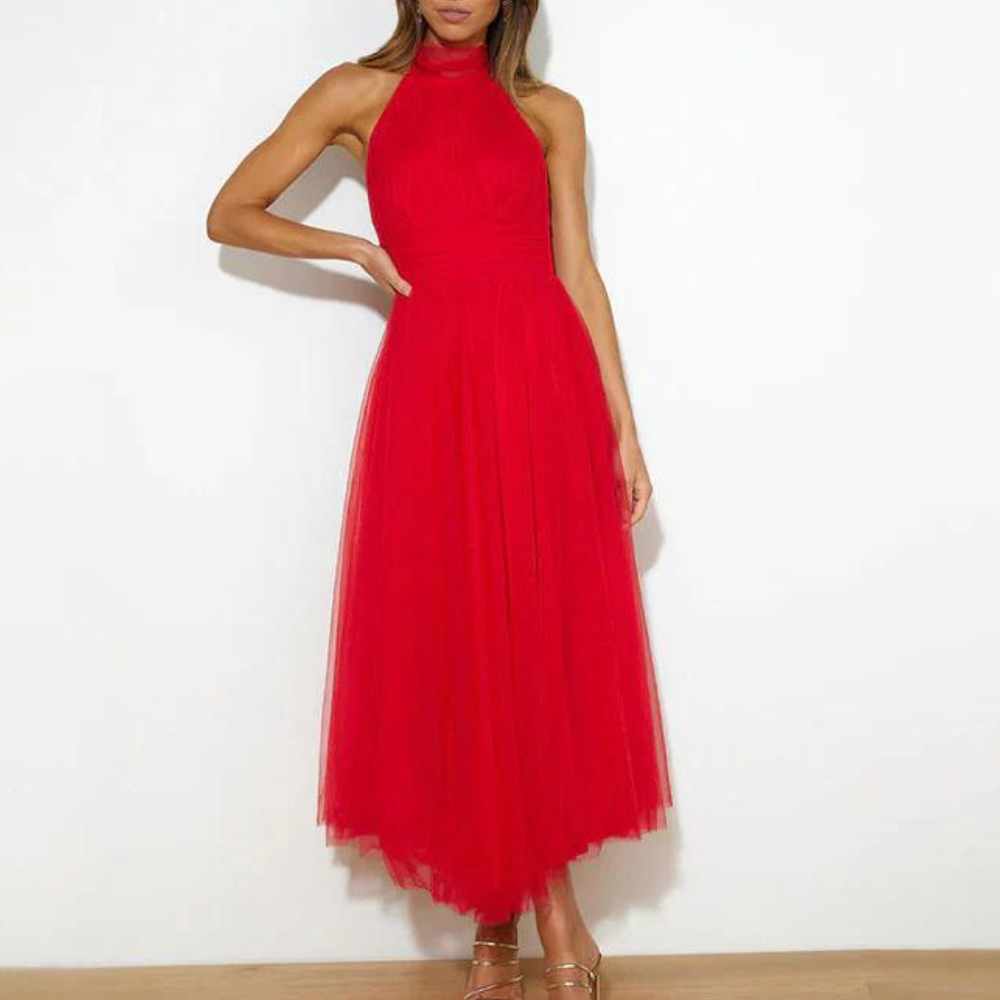 Women's elegant halterneck midi dress light chiffon flowy silhouette for party and special events