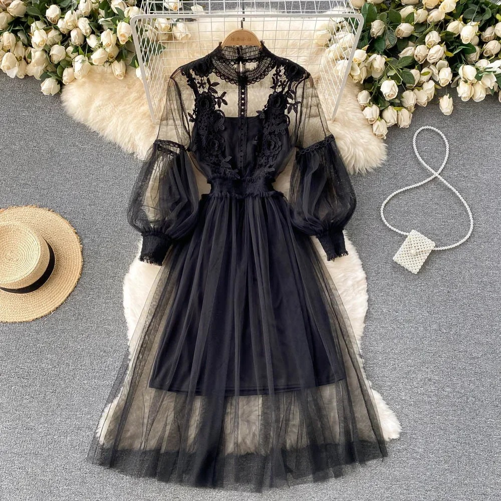Women's ivory lace embroidered high collar dress with puff sleeves and flowing tulle skirt