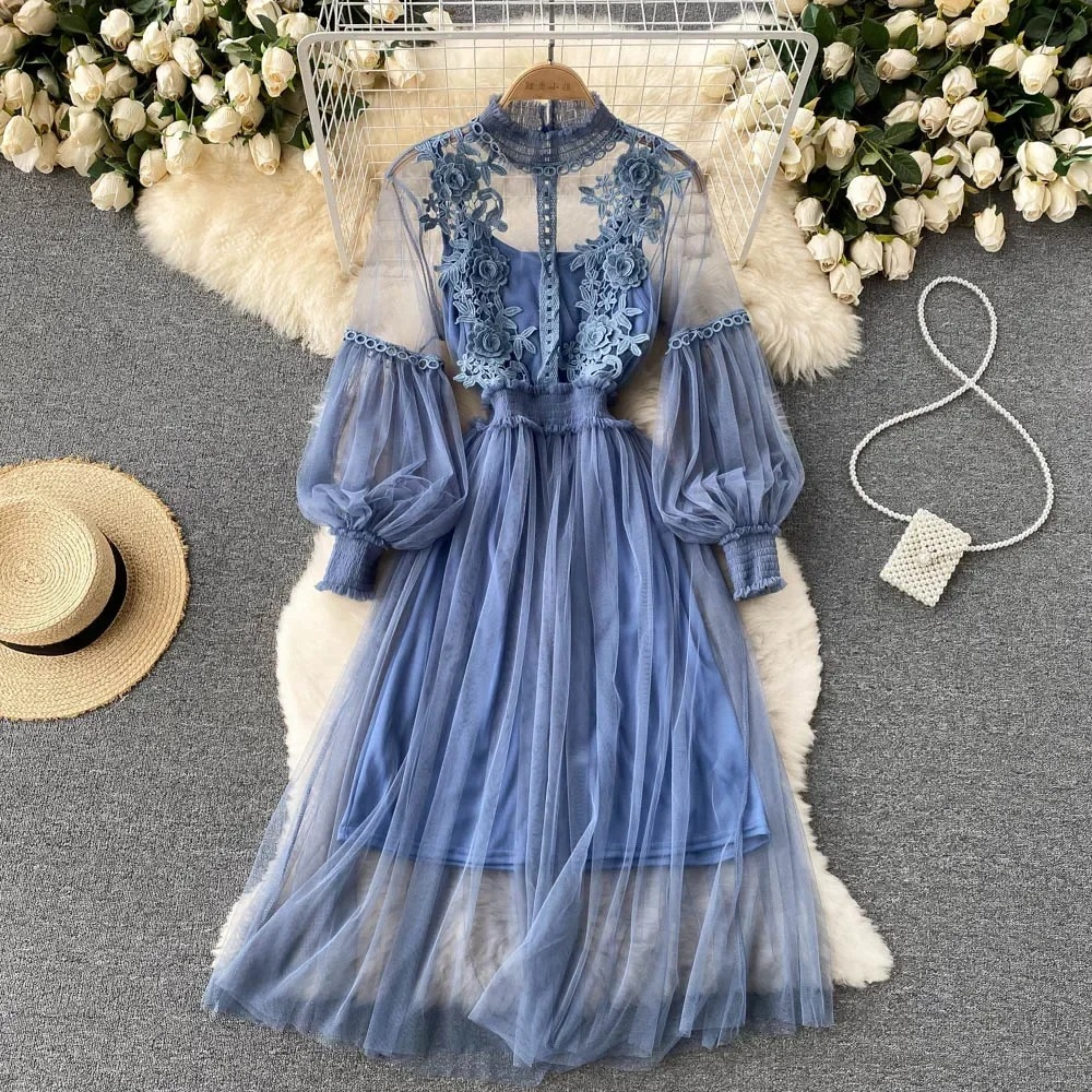Women's white lace embroidered high collar dress with puff sleeves and flowing tulle skirt