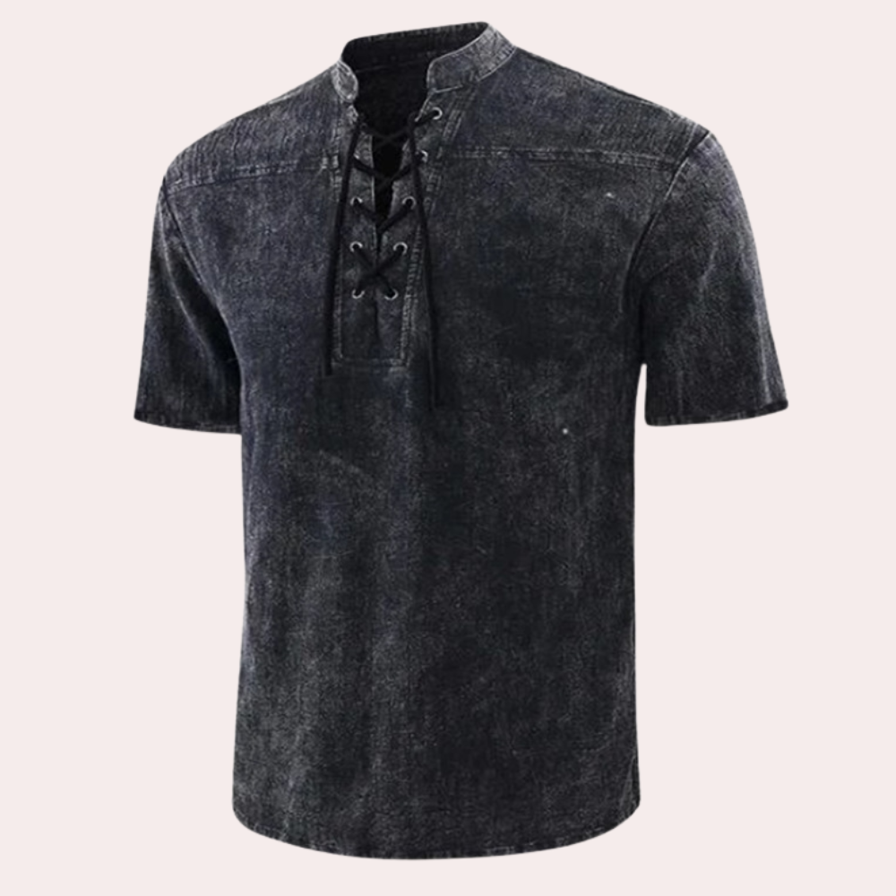 Men's white V-neck stretch cotton shirt with decorative shoelace detail, casual everyday fit