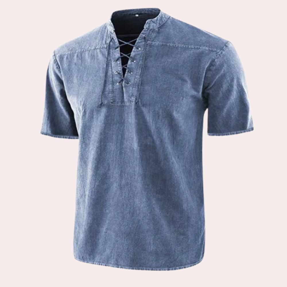 Men's white V-neck stretch cotton shirt with decorative shoelace detail, casual relaxed fit