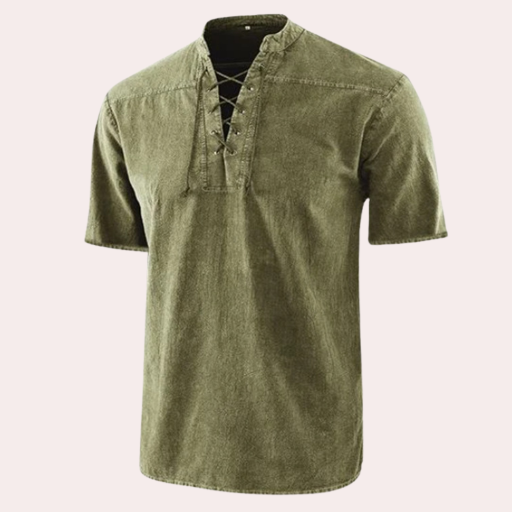Men's white V-neck stretch cotton shirt with decorative shoelace detail, casual relaxed fit